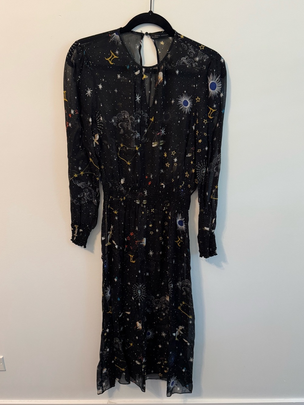 Zara M Celestial Print Black Long-Sleeve Midi Dress